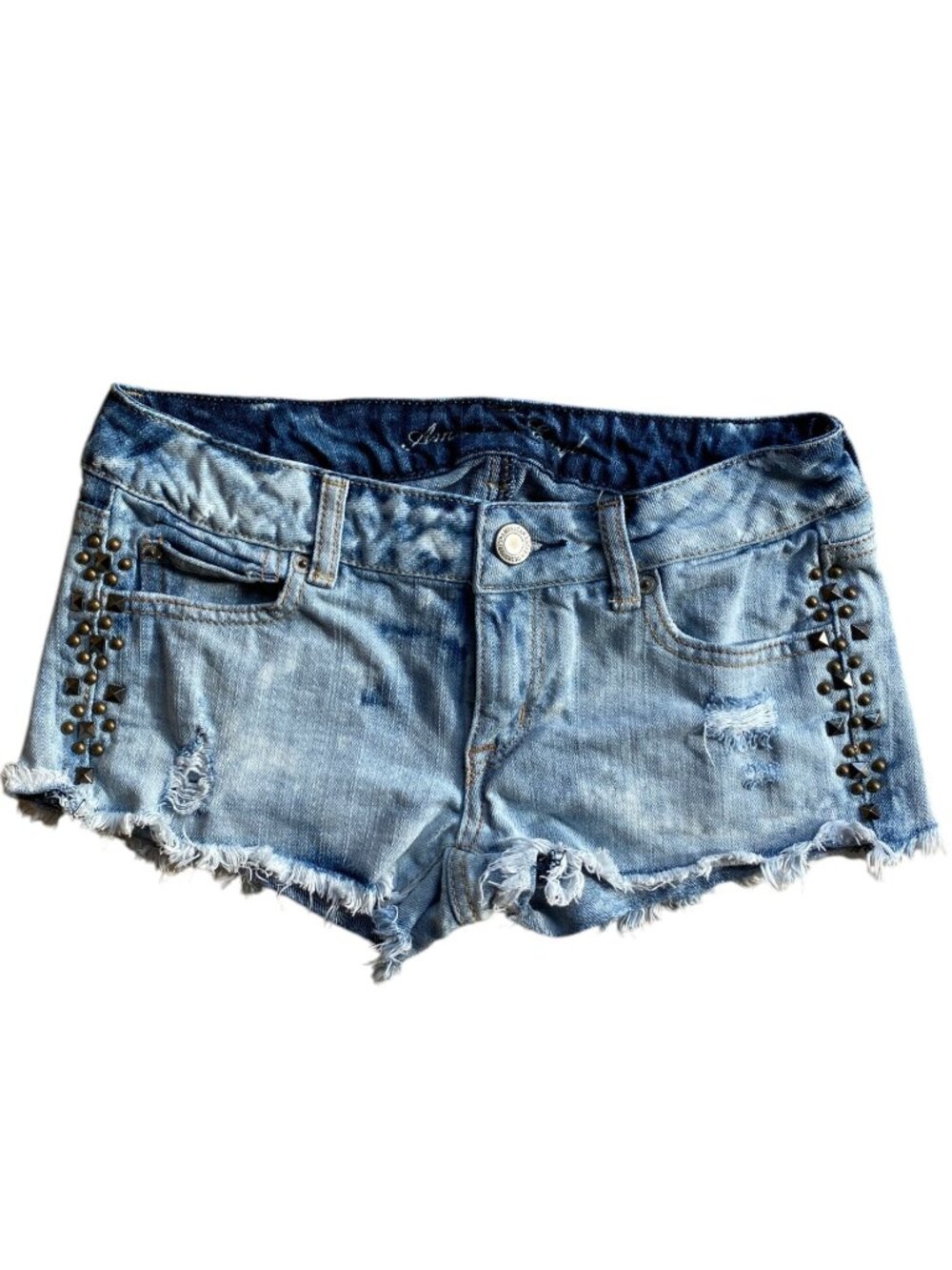 American Eagle Y2K Studded Distressed Low Rise Denim Shortie Shorts Grunge-00